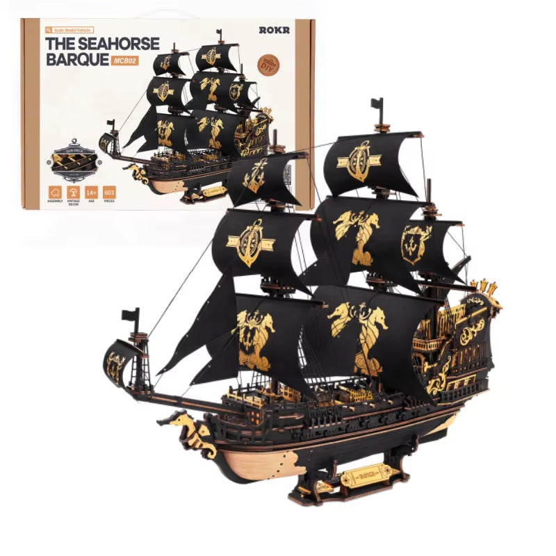 Rokr Wooden Seahouse Barque Model Kit 3D Puzzle Build Home Desk Decoration Gift for Teens and Adults