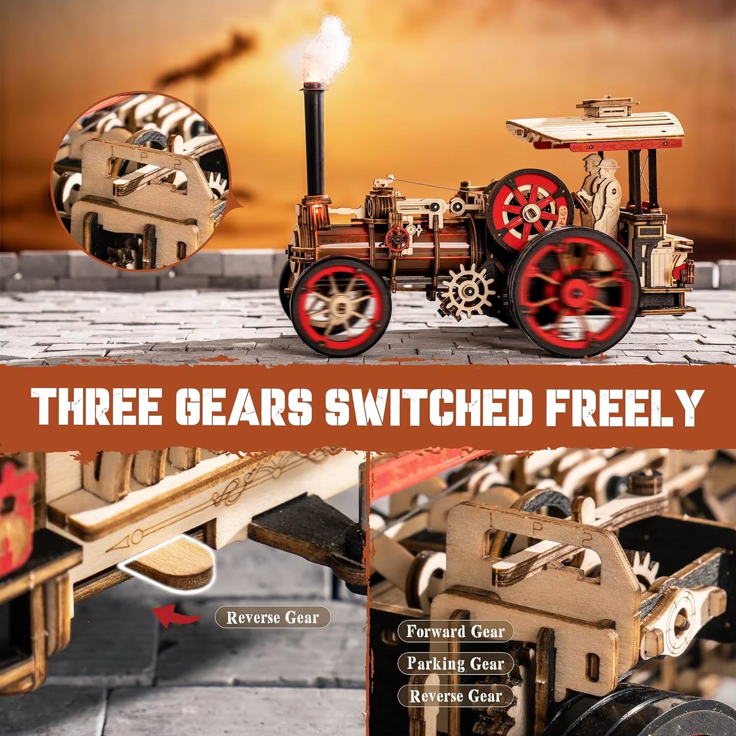 Rokr Car Model Building Kit 3D Wooden Puzzle Steam Kit 1:28 Mechanical Steam Locomotive Awesome Gifts for Adults Teens