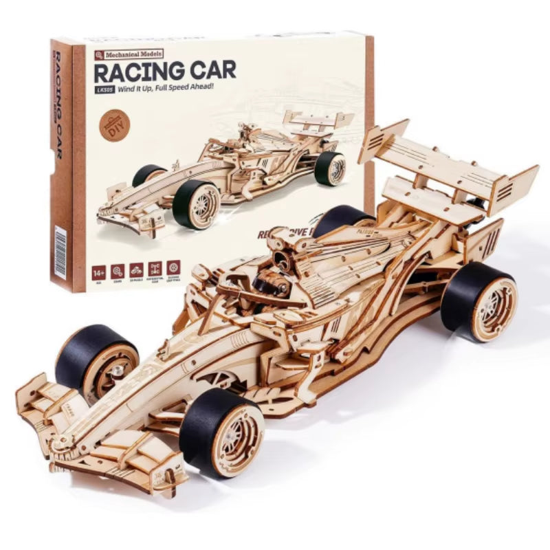Robotime 3D Wooden Puzzle Racing Car Model Kits 5H Build 8-10M Forward LK505 Mechanical Roaring Engine for Adults Teens Kids