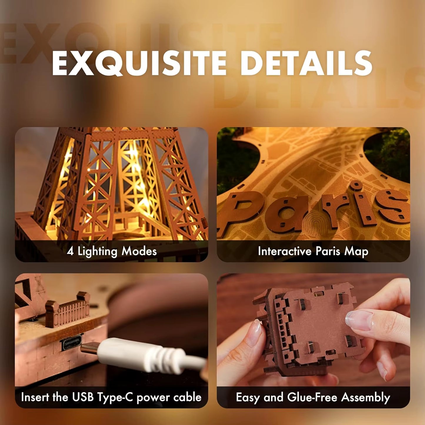 3D Wooden Puzzle Game Night of the Eiffel Tower 1:638 Building Model Toys for Children Kids Birthday Gift