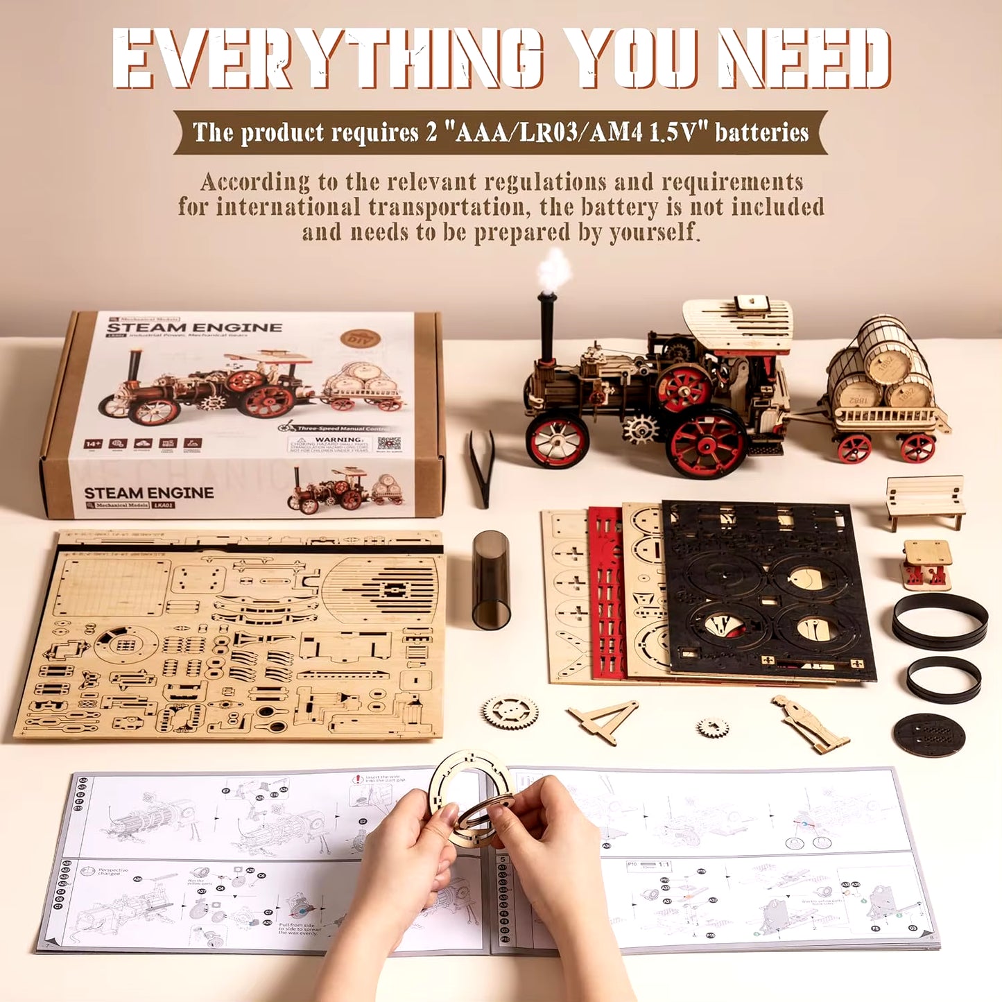 Rokr Car Model Building Kit 3D Wooden Puzzle Steam Kit 1:28 Mechanical Steam Locomotive Awesome Gifts for Adults Teens