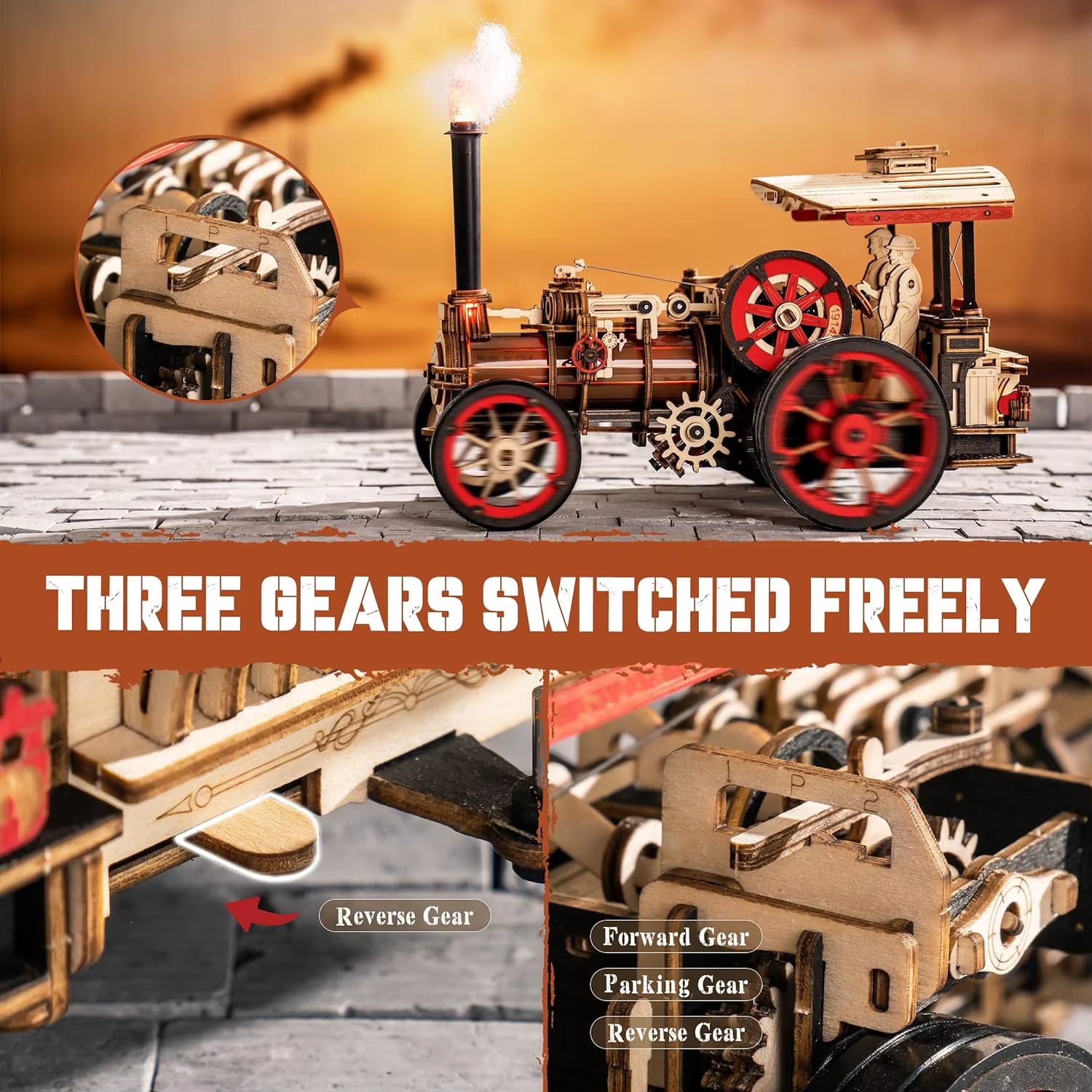 Rokr Car Model Building Kit 3D Wooden Puzzle Steam Kit 1:28 Mechanical Steam Locomotive Awesome Gifts for Adults Teens
