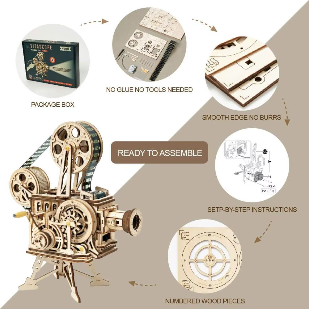 ROKR Hand Crank Projector Classic Film Vitascope 3D Wooden Puzzle Model Building Toys for Children Adult LK601