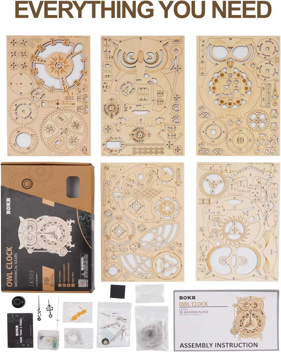 Owl Clock Model Kit Desk Clock Home Decor Unique Gift 3D Wooden Puzzle for Adults on Birthday Christmas Day