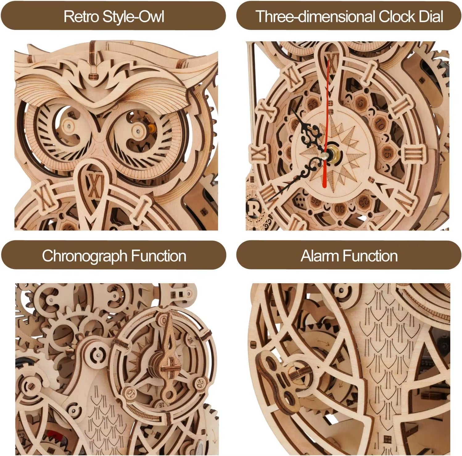 Owl Clock Model Kit Desk Clock Home Decor Unique Gift 3D Wooden Puzzle for Adults on Birthday Christmas Day