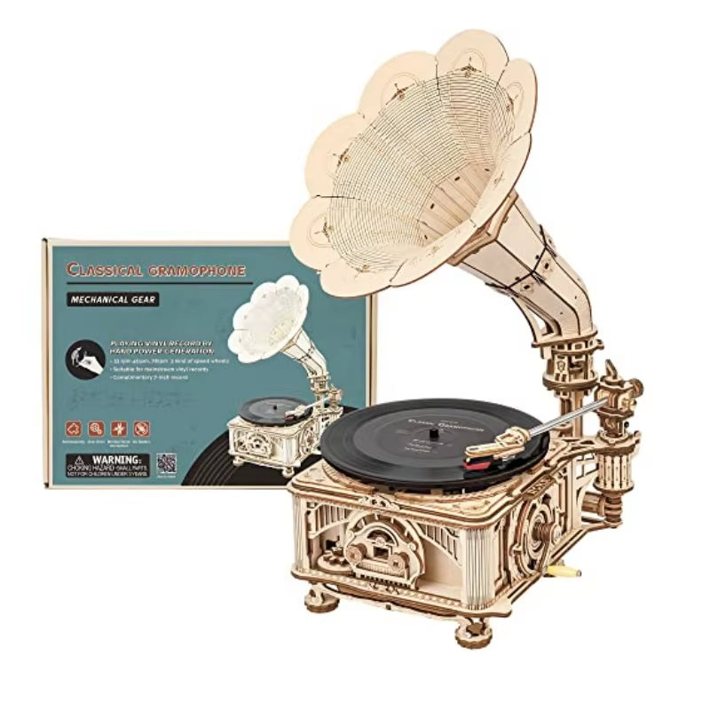 ROKR DIY Hand Crank Classic Gramophone Wooden Puzzle Model Building Kits Assembly Toy Gift for Children LKB01