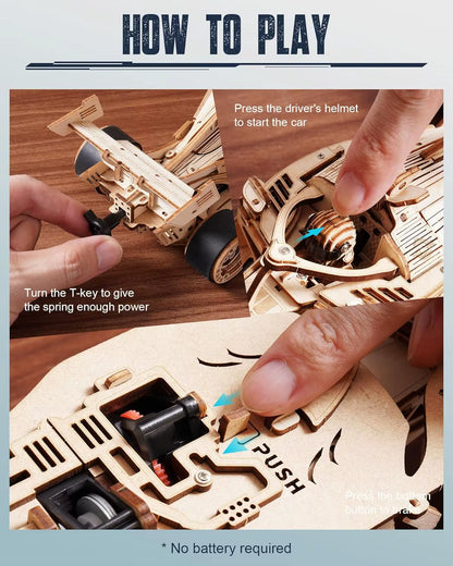 Robotime 3D Wooden Puzzle Racing Car Model Kits 5H Build 8-10M Forward LK505 Mechanical Roaring Engine for Adults Teens Kids