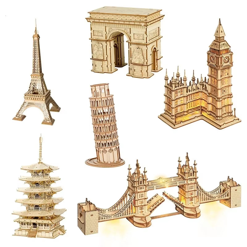 3D Wooden Puzzle Game Big Ben Tower Bridge Pagoda Building Model Toys for Children Kids Birthday Gift