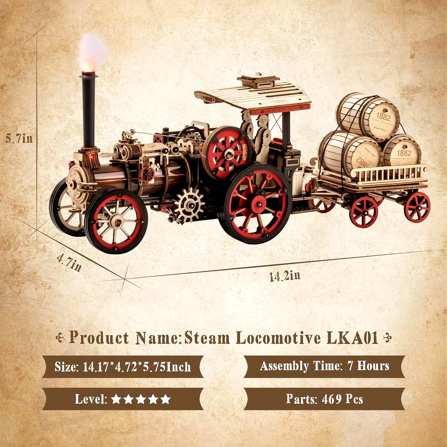 Rokr Car Model Building Kit 3D Wooden Puzzle Steam Kit 1:28 Mechanical Steam Locomotive Awesome Gifts for Adults Teens