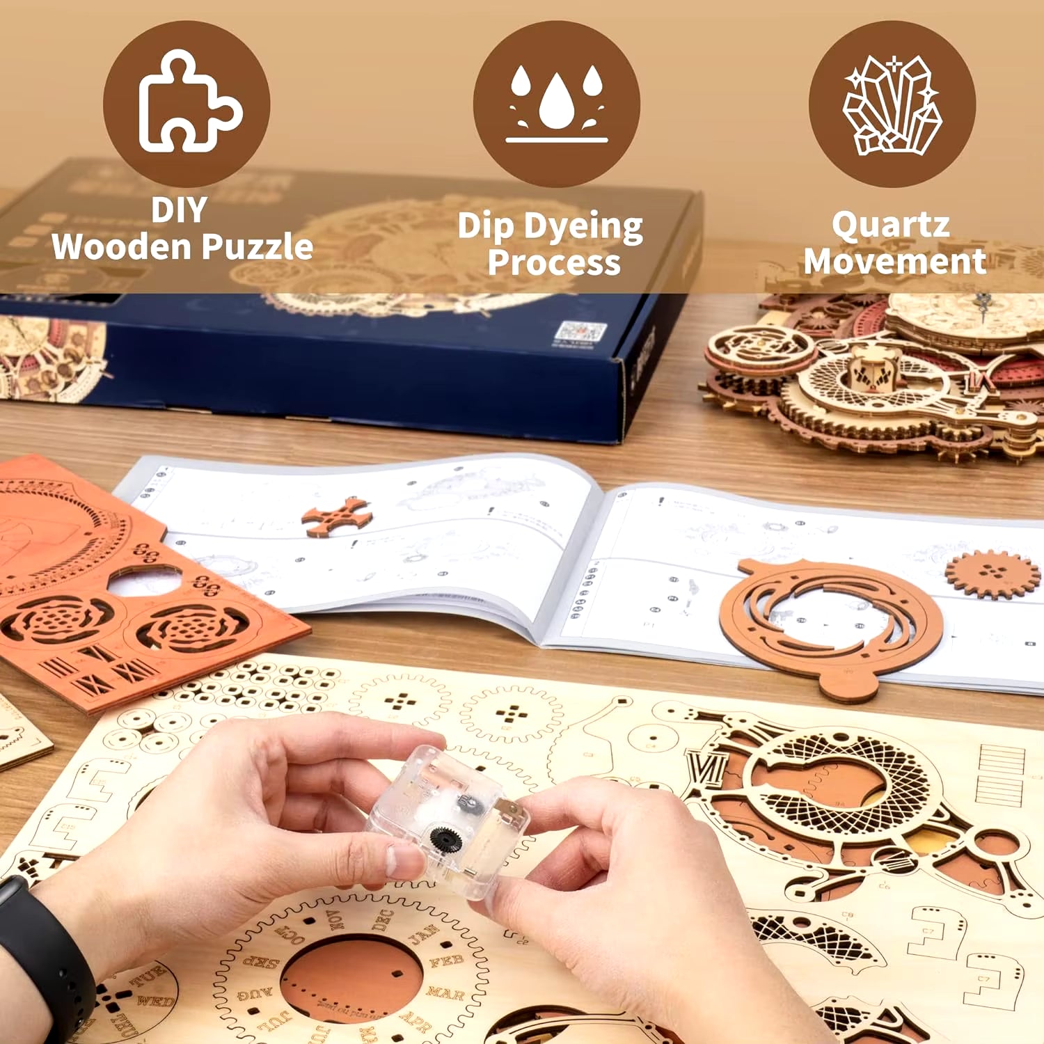 3D Wooden Puzzles Wooden Steampunk Clock Kit DIY Mechanical Wall Quartz Aesthetic Room for Adults