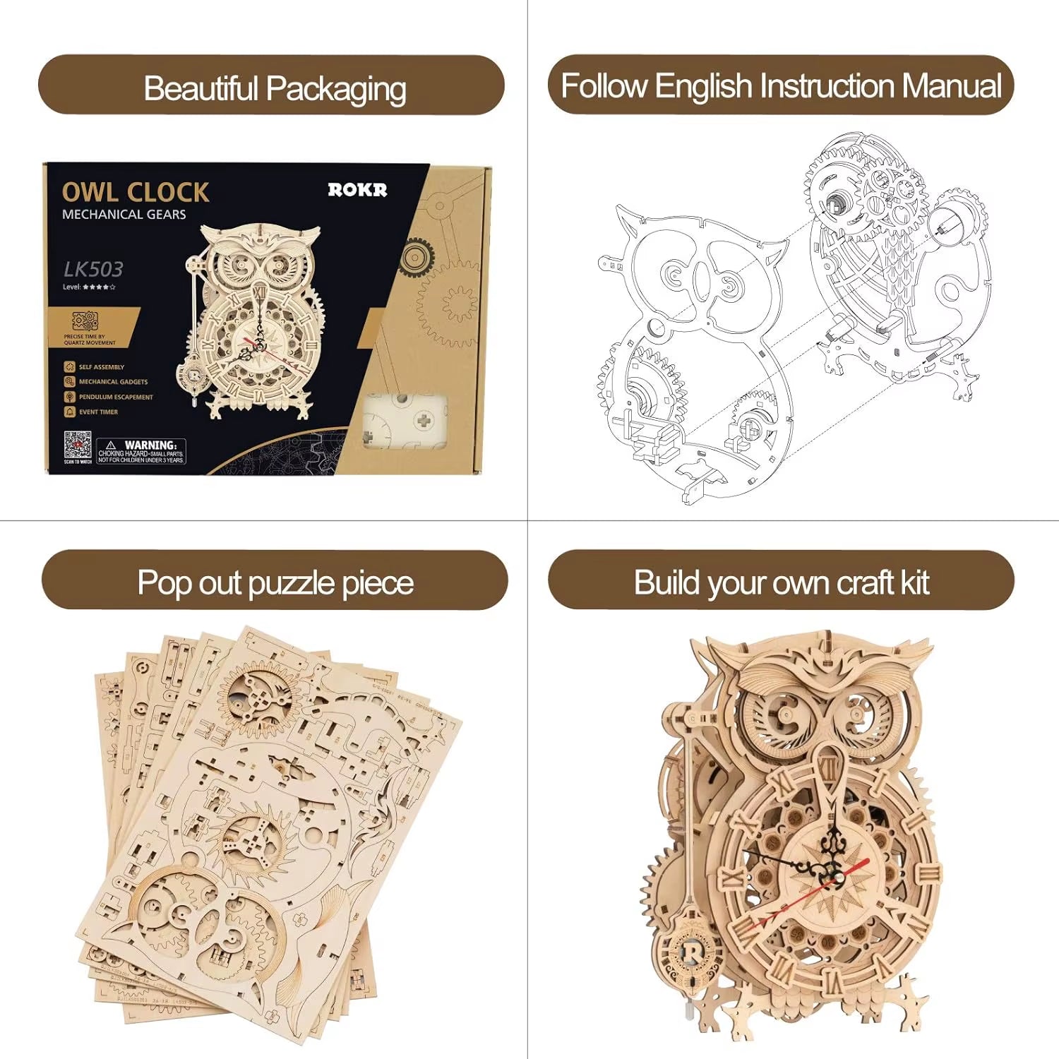 Owl Clock Model Kit Desk Clock Home Decor Unique Gift 3D Wooden Puzzle for Adults on Birthday Christmas Day