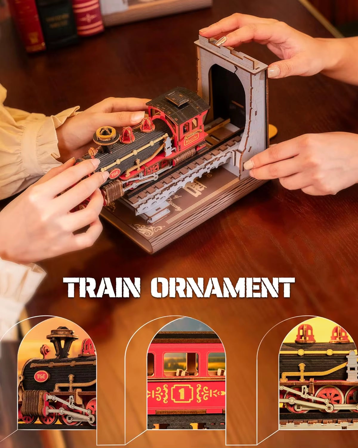 Rolife Nook Kits DIY Miniature Kit 3D Wooden Puzzle Century Train Booknook Model Kits Bookshelf Decoration for Adults