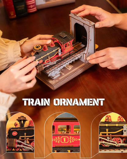 Rolife Nook Kits DIY Miniature Kit 3D Wooden Puzzle Century Train Booknook Model Kits Bookshelf Decoration for Adults