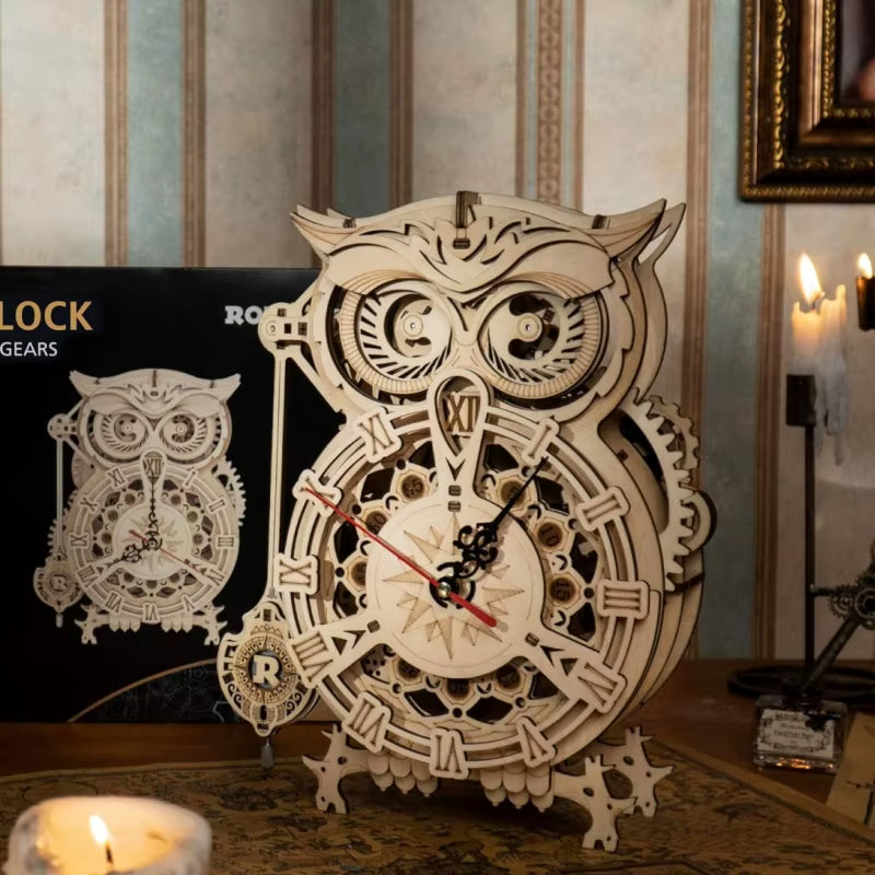 Owl Clock Model Kit Desk Clock Home Decor Unique Gift 3D Wooden Puzzle for Adults on Birthday Christmas Day
