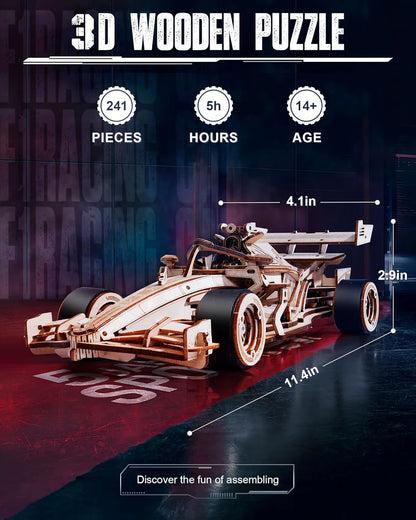 Robotime 3D Wooden Puzzle Racing Car Model Kits 5H Build 8-10M Forward LK505 Mechanical Roaring Engine for Adults Teens Kids