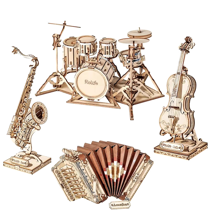 Rolife 3D Wooden Puzzle Games Saxophone Drum Kit Accordion Cello Model Toys for Children Kids Birthday Gifts