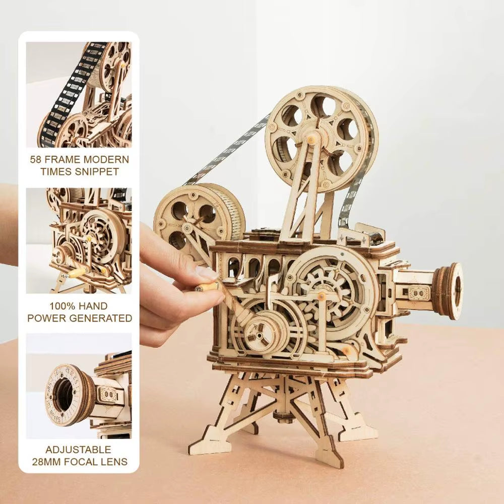 ROKR Hand Crank Projector Classic Film Vitascope 3D Wooden Puzzle Model Building Toys for Children Adult LK601