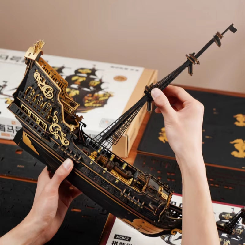 Rokr Wooden Seahouse Barque Model Kit 3D Puzzle Build Home Desk Decoration Gift for Teens and Adults