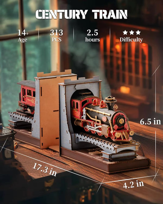 Rolife Nook Kits DIY Miniature Kit 3D Wooden Puzzle Century Train Booknook Model Kits Bookshelf Decoration for Adults