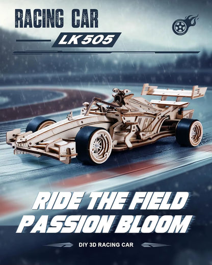 Robotime 3D Wooden Puzzle Racing Car Model Kits 5H Build 8-10M Forward LK505 Mechanical Roaring Engine for Adults Teens Kids
