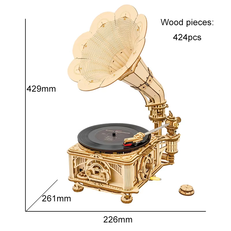 ROKR DIY Hand Crank Classic Gramophone Wooden Puzzle Model Building Kits Assembly Toy Gift for Children LKB01