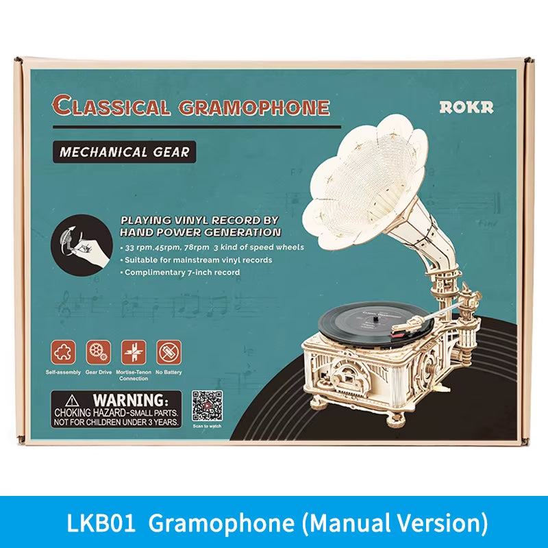 ROKR DIY Hand Crank Classic Gramophone Wooden Puzzle Model Building Kits Assembly Toy Gift for Children LKB01